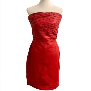 Vintage 70s Red Leather Strapless Pleated Bodice Dress